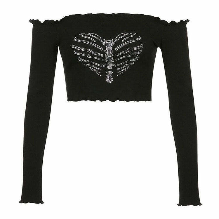 Trendy Bones Rhinestone Bardot Top for Y2K Fashion Lovers - Chic Pink Indie Style