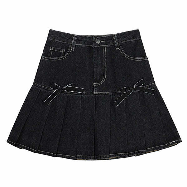 Trendy Bow Denim Pleated Skirt for Y2K Fashion - Grunge Style Essential for Your Wardrobe