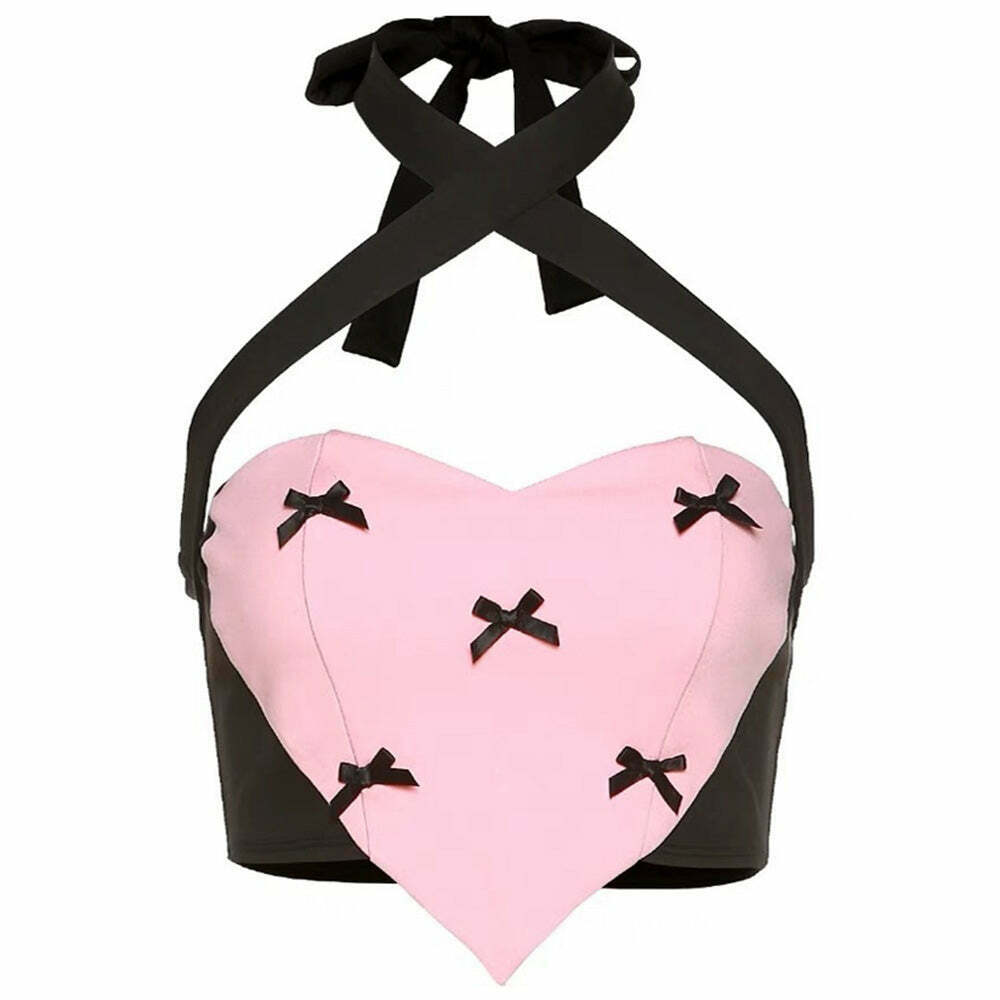 Trendy Bow Heart Halter Top for Y2K Fashion - Perfect for Grunge and Baggy Outfits