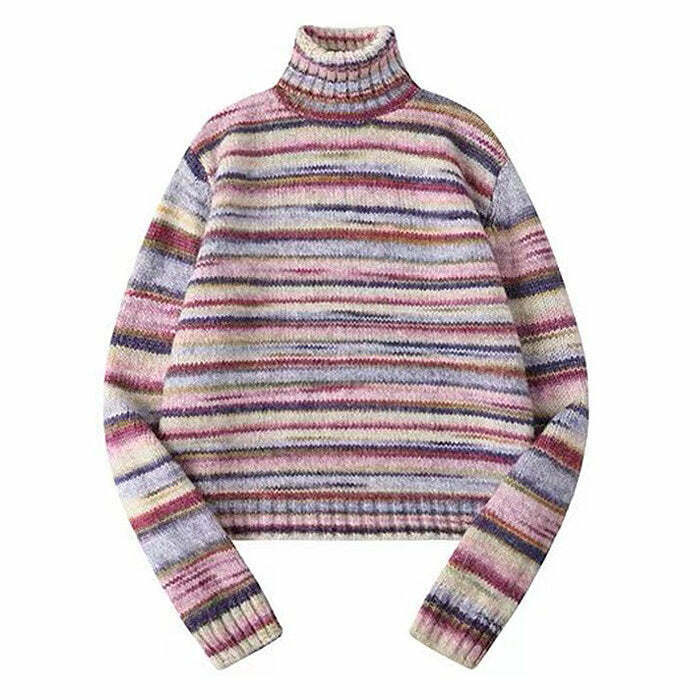 Trendy Brown and Cream Striped Turtleneck Sweater for Y2K Hip Hop and Grunge Style