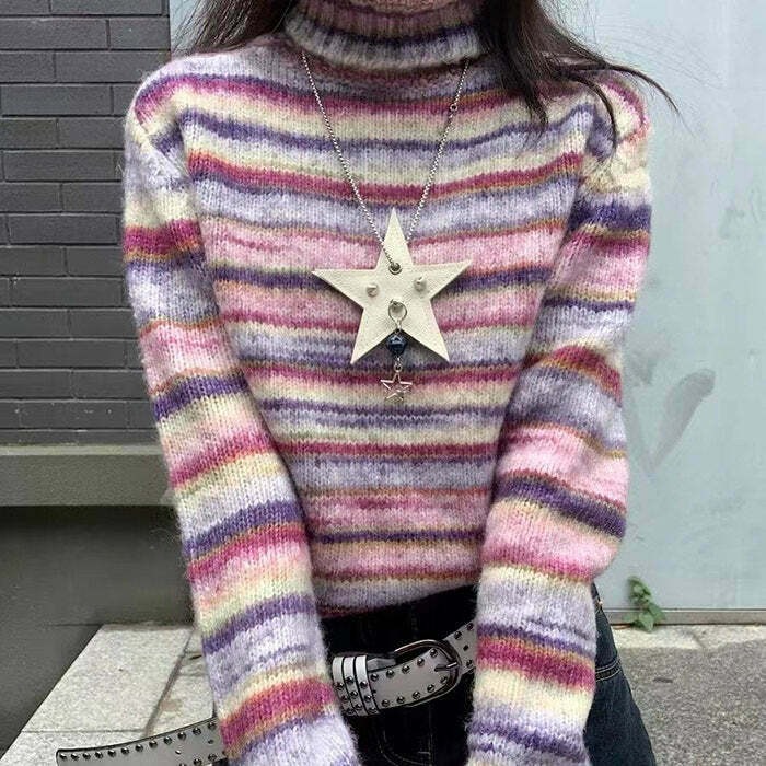 Trendy Brown and Cream Striped Turtleneck Sweater for Y2K Hip Hop and Grunge Style