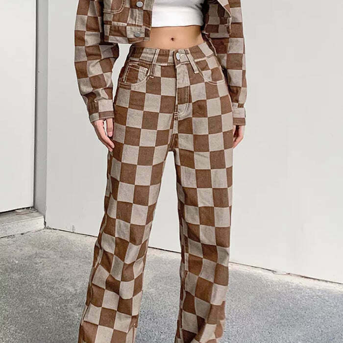 Trendy Brown Checkered Jeans for Y2K Fashion Lovers - Stylish Retro Look for Every Occasion