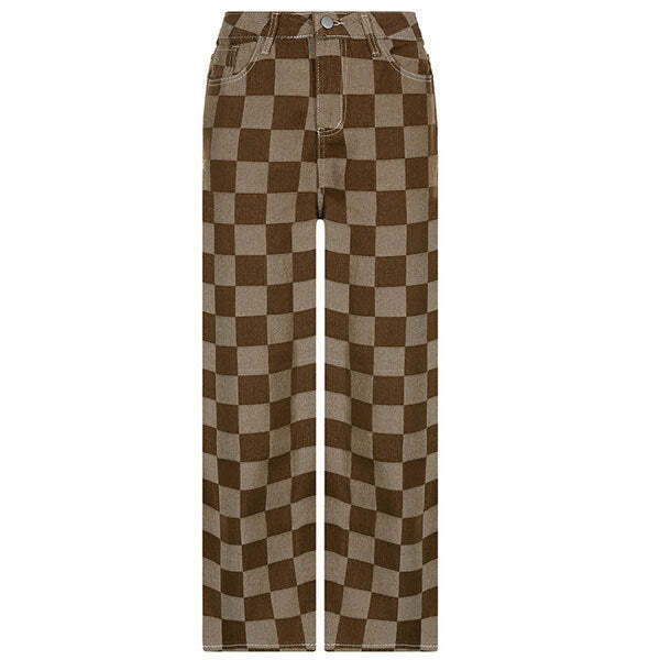 Trendy Brown Checkered Jeans for Y2K Fashion Lovers - Stylish Retro Look for Every Occasion