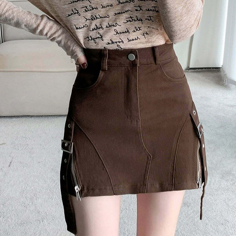 Trendy Brown Denim Buckle Skirt - Fishtail & Washed Styles for Y2K Fashion Lovers