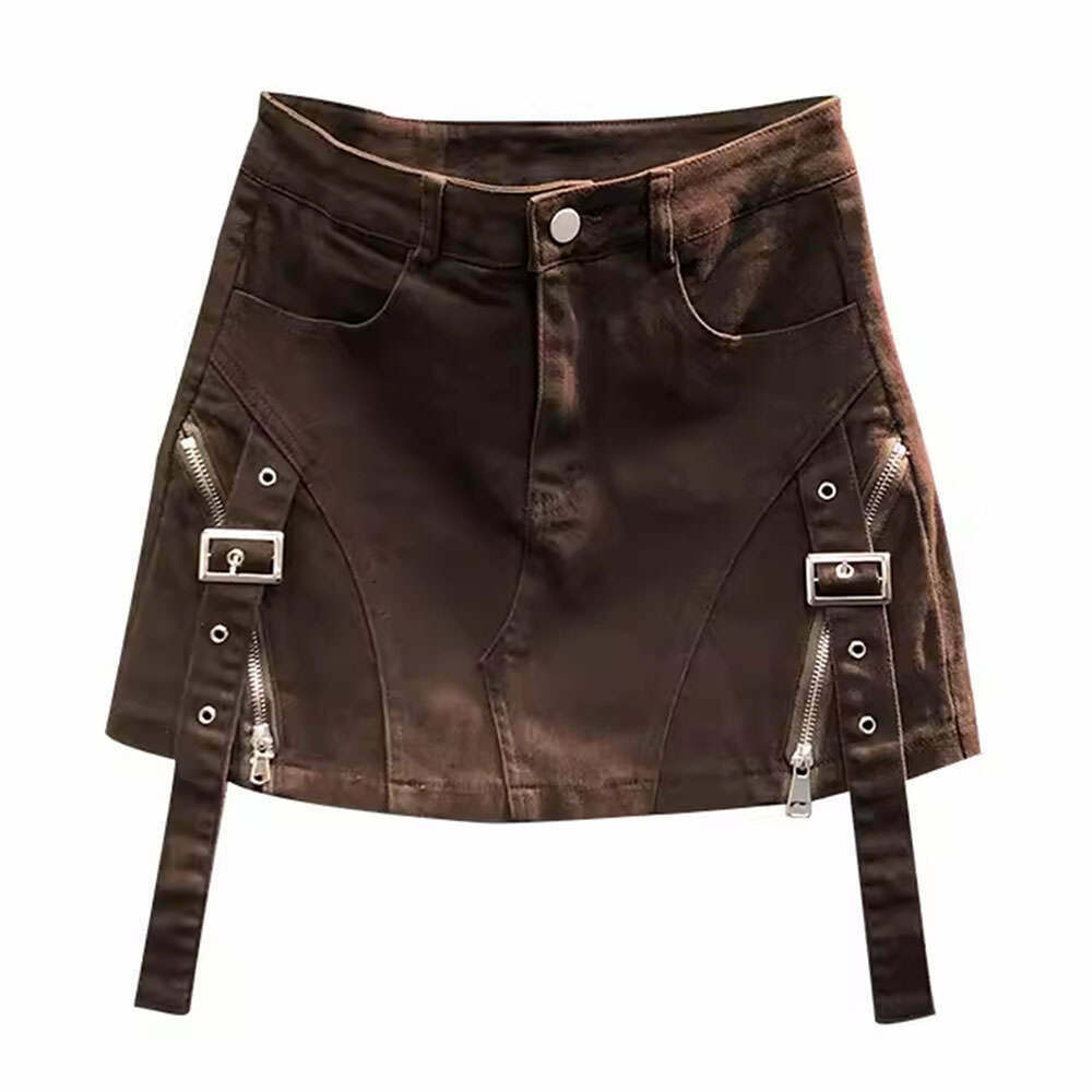 Trendy Brown Denim Buckle Skirt - Fishtail & Washed Styles for Y2K Fashion Lovers