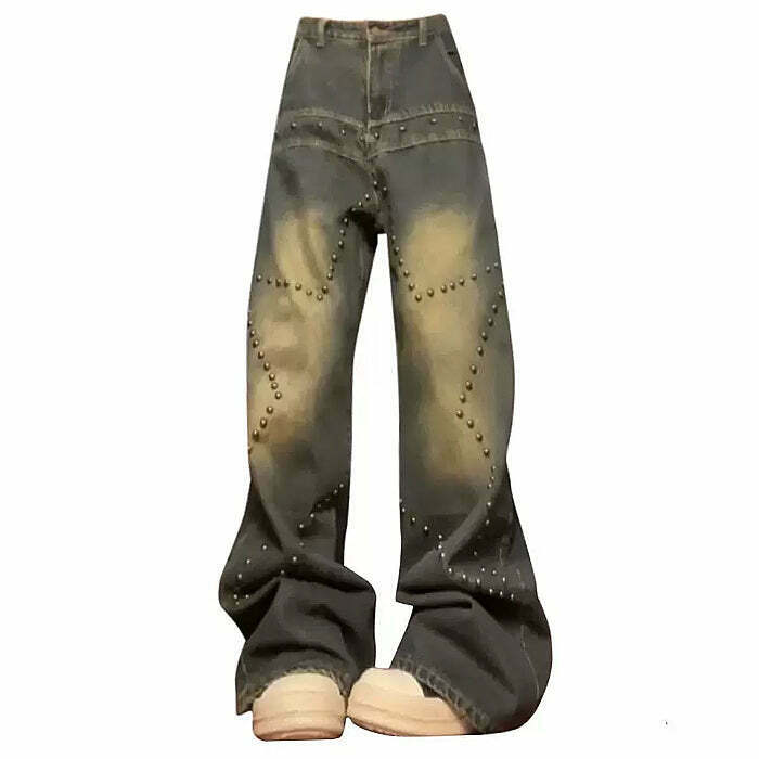 Trendy Brown Star Rivet Jeans for Y2K Fashion Lovers - Stylish & Versatile Denim