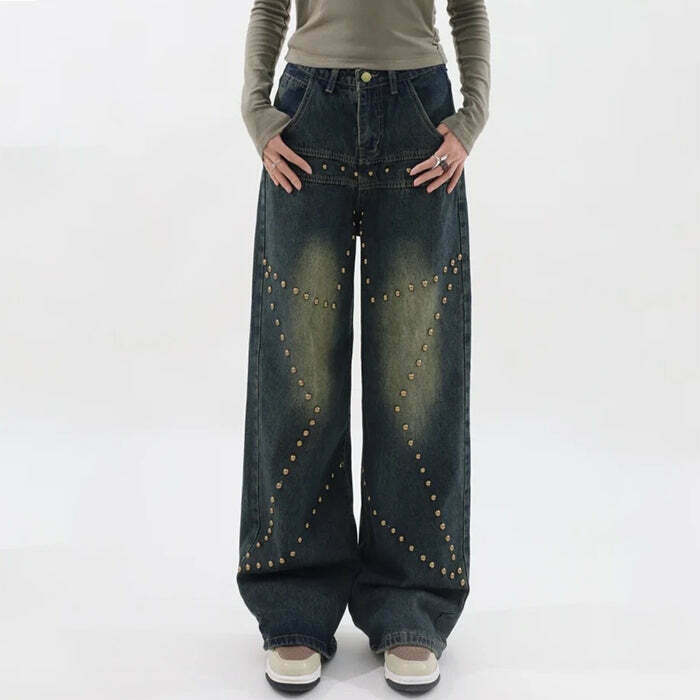 Trendy Brown Star Rivet Jeans for Y2K Fashion Lovers - Stylish & Versatile Denim