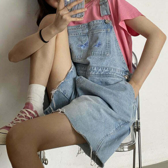 Trendy Butterfly Denim Dungaree Shorts for Y2K Fashion Lovers - Stylish Jorts Outfit