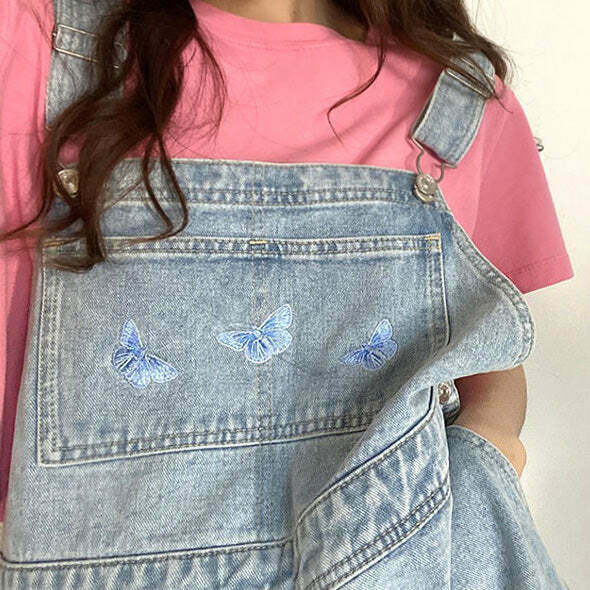 Trendy Butterfly Denim Dungaree Shorts for Y2K Fashion Lovers - Stylish Jorts Outfit