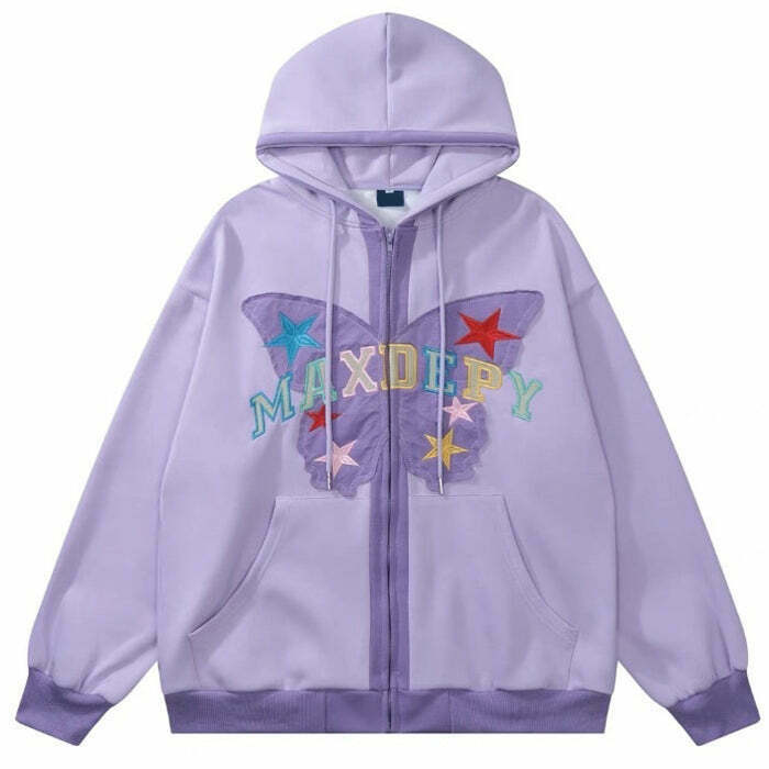 Trendy Butterfly Embroidery Zip Up Hoodie for Y2K Grunge and Indie Fashion Lovers