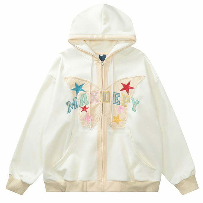 Trendy Butterfly Embroidery Zip Up Hoodie for Y2K Grunge and Indie Fashion Lovers