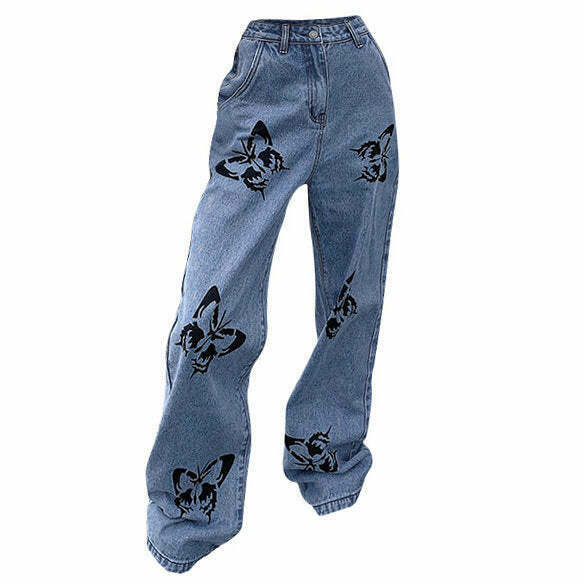 Trendy Butterfly Print Jeans for Y2K Style - Indie Grunge Fashion for Men