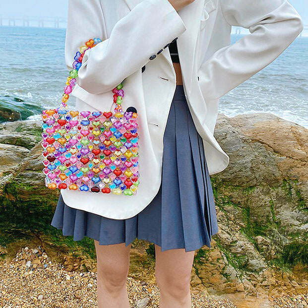 Trendy Candy Hearts Beaded Handbag - Y2K Fashion Icon for Stylish Rave Outfits