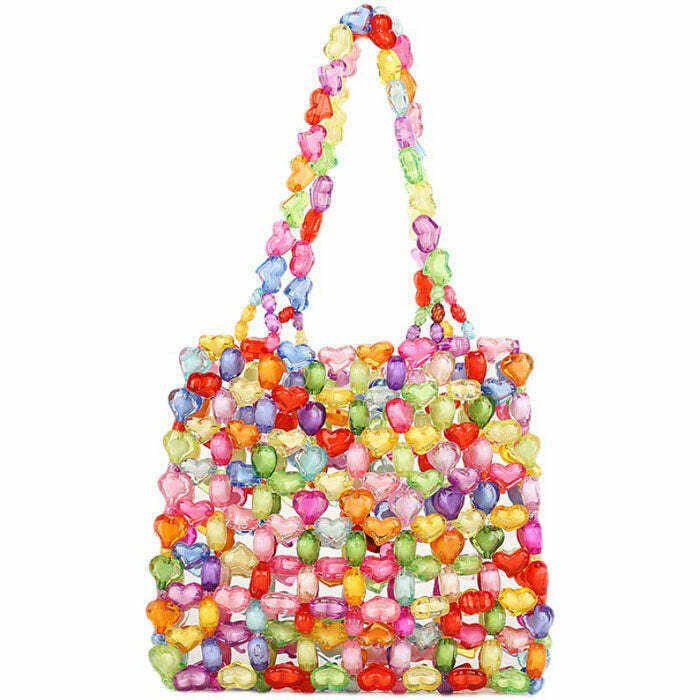 Trendy Candy Hearts Beaded Handbag - Y2K Fashion Icon for Stylish Rave Outfits