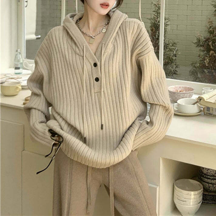 Trendy Caramel Latte Knit Hoodie for Y2K Urban Fashion & Vintage Style Outfits