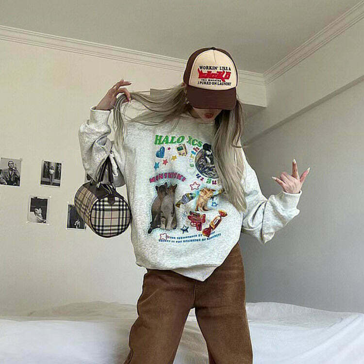 Trendy Cat Planet Graphic Sweatshirt - Y2K Hip Hop Style for Cyber Fashion Lovers