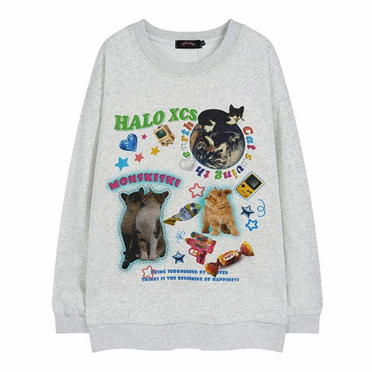 Trendy Cat Planet Graphic Sweatshirt - Y2K Hip Hop Style for Cyber Fashion Lovers