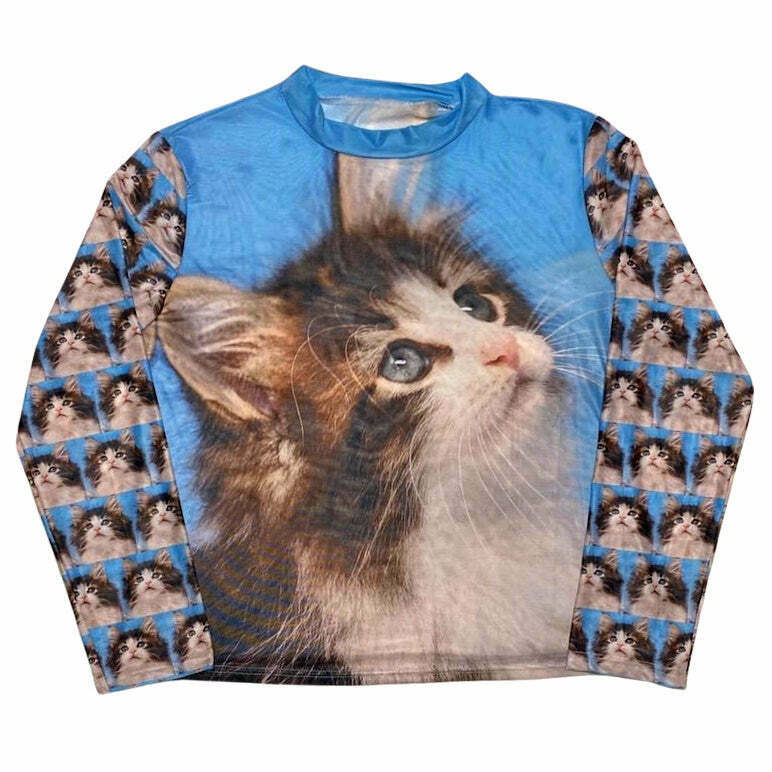 Trendy Cats Everywhere Graphic Long Sleeve Shirt - Y2K Fashion for Stylish Outfits