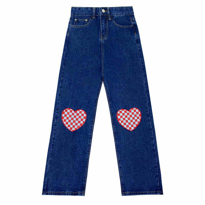 Trendy Checker Heart Wide Jeans for Y2K Street Style - Cute Y2K Fashion Must-Have