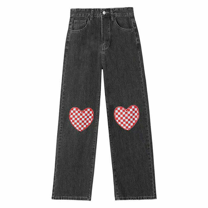 Trendy Checker Heart Wide Jeans for Y2K Street Style - Cute Y2K Fashion Must-Have