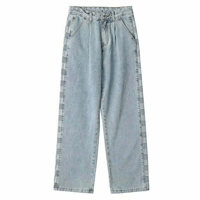 Trendy Checker Print Wide-Leg Jeans for Y2K Fashion Lovers - Affordable Grunge Style