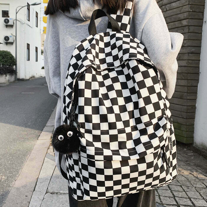 Trendy Checkered Canvas Backpack for Y2K Grunge Style and Casual Outfits