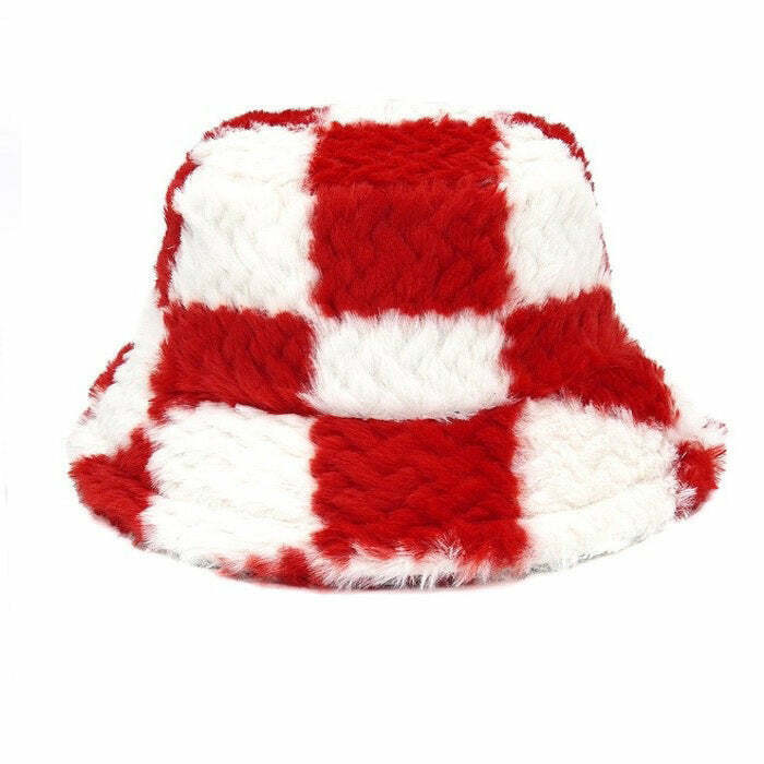 Trendy Checkered Fuzzy Bucket Hat for Y2K Fashion Lovers - Perfect for Grunge Style