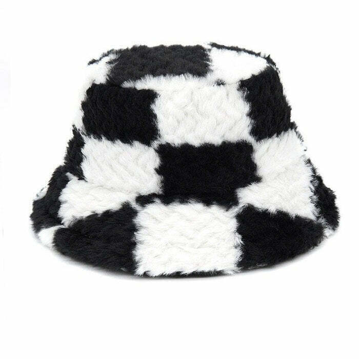 Trendy Checkered Fuzzy Bucket Hat for Y2K Fashion Lovers - Perfect for Grunge Style