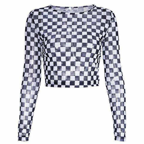 Trendy Checkered Long Sleeve Crop Top for Y2K Grunge and Club Outfits