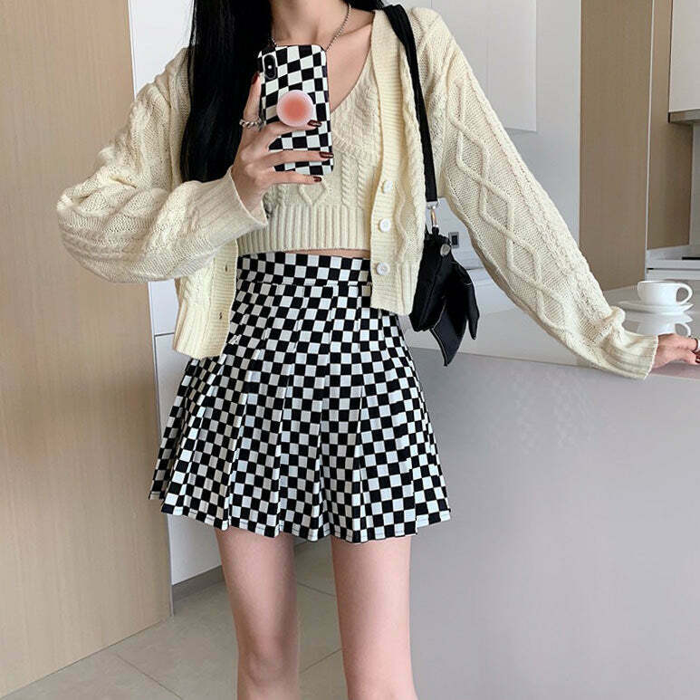 Trendy Checkered Print Pleated Skirt for Y2K Fashion Lovers - Stylish 2000s Inspired Look