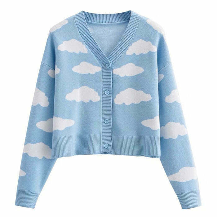 Trendy Clouds Knit Cropped Cardigan - Y2K Korean Style for Club Outfits & Roblox Fashion