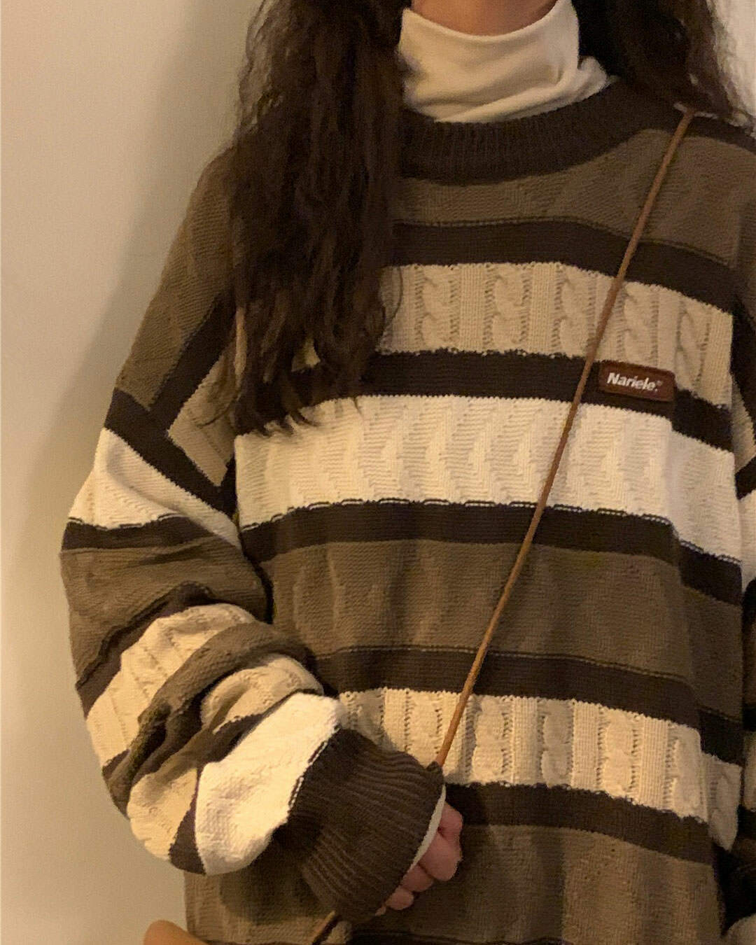 Trendy Coffee Cream Striped Oversize Sweater - Y2K Style for Effortless Fashion