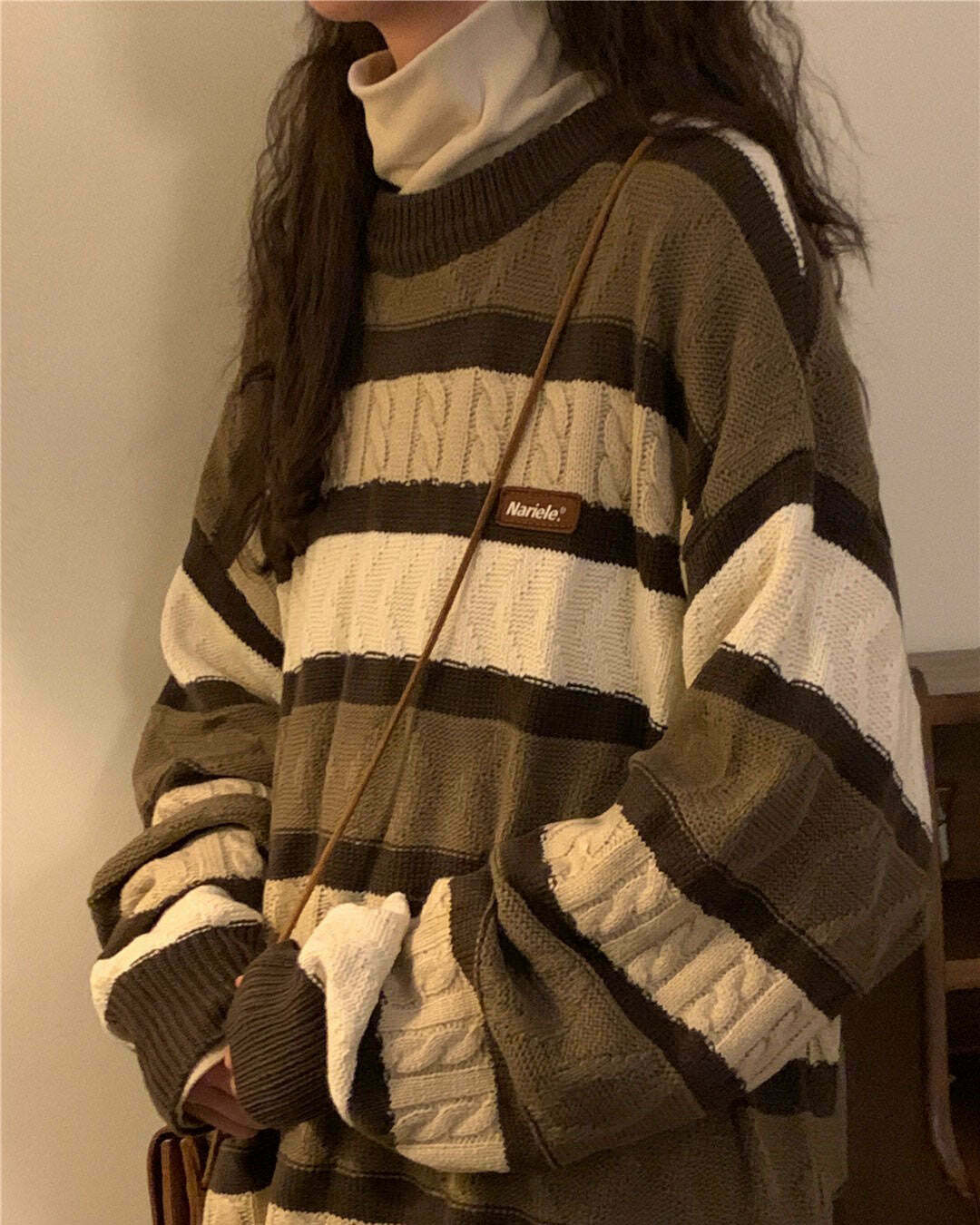 Trendy Coffee Cream Striped Oversize Sweater - Y2K Style for Effortless Fashion