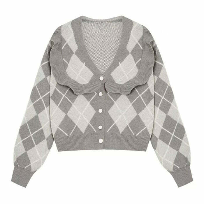 Trendy Coffee Time Argyle Cardigan - Y2K Style Graphics for Street and Cyber Fashion