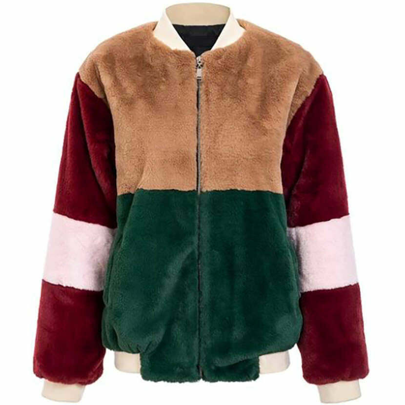 Trendy Color Block Fuzzy Jacket for Edgy Y2K Grunge and Hip Hop Outfits