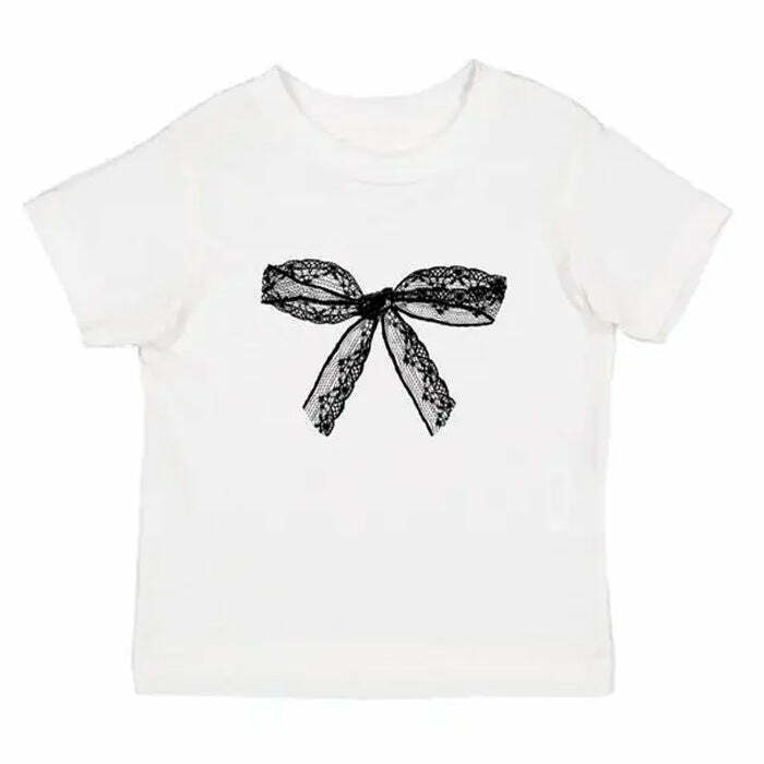 Trendy Coquette Bow Graphic Crop Top for Y2K Grunge Outfits and Fashion Ideas