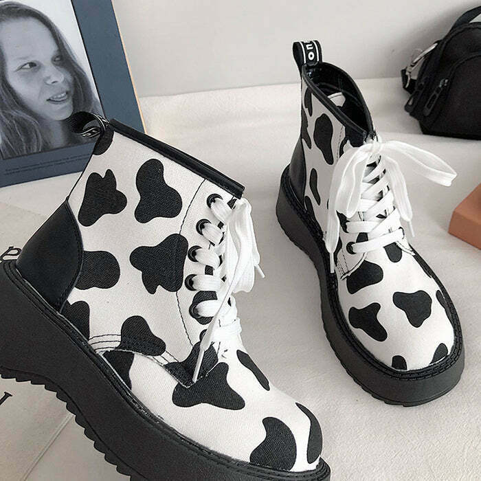 Trendy Cow Print Boots for Y2K Fashion - Iconic Club Clothing & Stylish Footwear