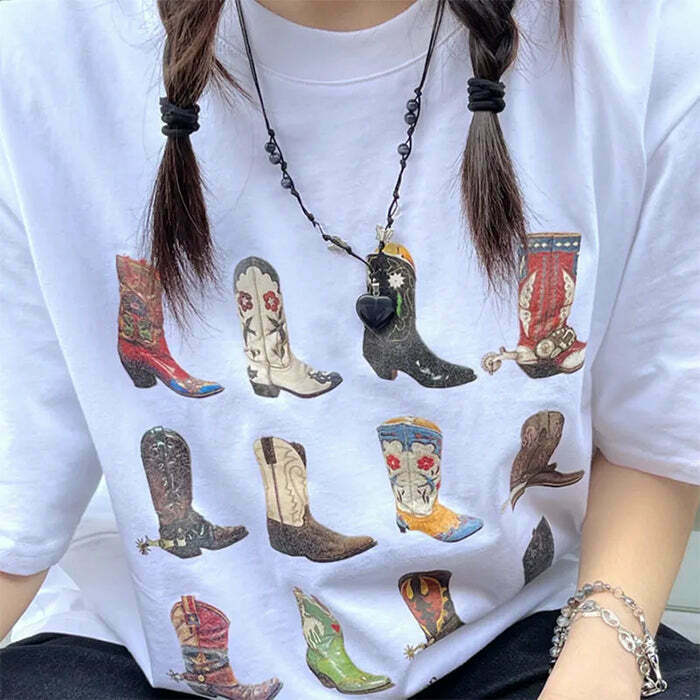 Trendy Cowboy Boots Graphic Tee for Y2K Fashion Lovers - Stylish 2000s Vibes Outfit