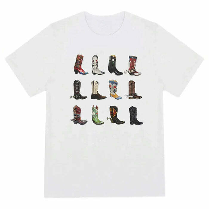 Trendy Cowboy Boots Graphic Tee for Y2K Fashion Lovers - Stylish 2000s Vibes Outfit