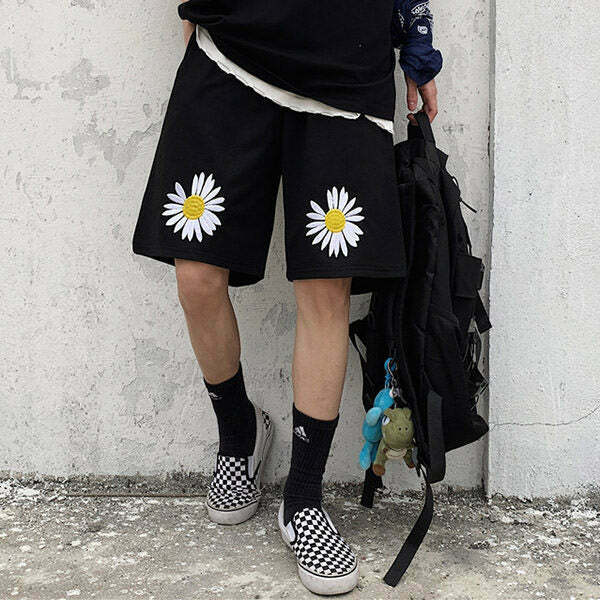 Trendy Daisy Embroidery Shorts for Y2K Style Men - Perfect for Grunge and Cyber Outfits