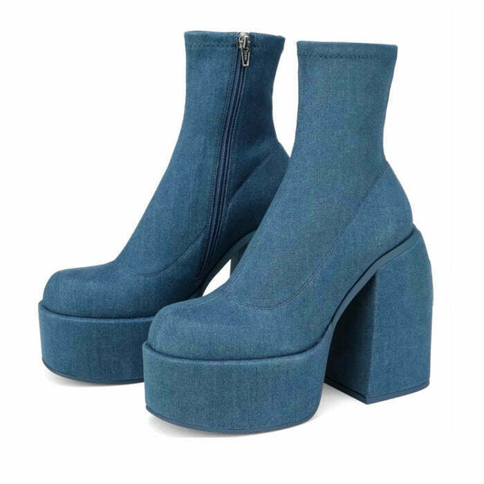 Trendy Denim Chunky Boots for Y2K Fashion Lovers - Comfy Grunge Style Footwear