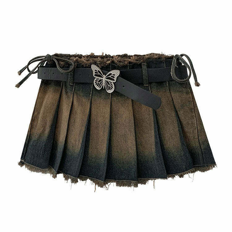 Trendy Denim Distressed Pleated Mini Skirt for Y2K Grunge and Hippie Fashion Lovers