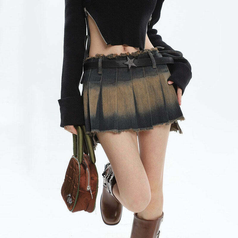 Trendy Denim Distressed Pleated Mini Skirt for Y2K Grunge and Hippie Fashion Lovers