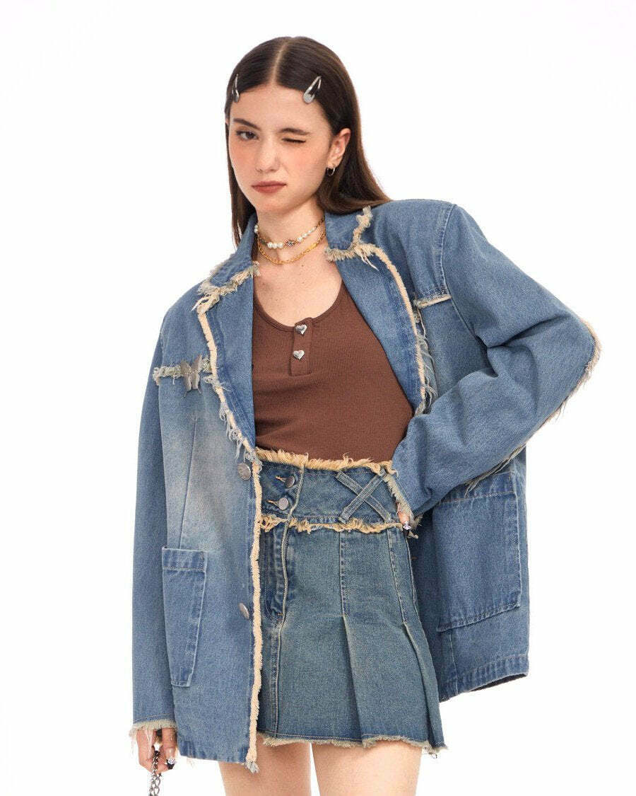 Trendy Distressed Denim Blazer in Blue - Perfect for Y2K Grunge and Fall Outfits