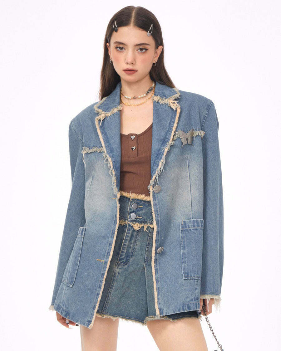 Trendy Distressed Denim Blazer in Blue - Perfect for Y2K Grunge and Fall Outfits