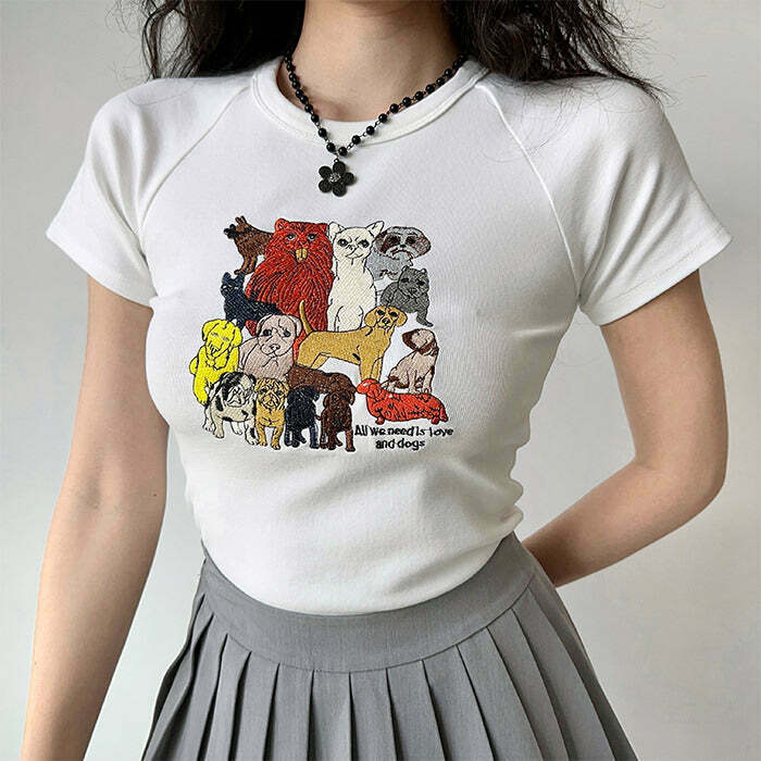 Trendy Dogs Embroidery Graphic Tee - Y2K Style for Men and Kids, Perfect for Casual Outfits