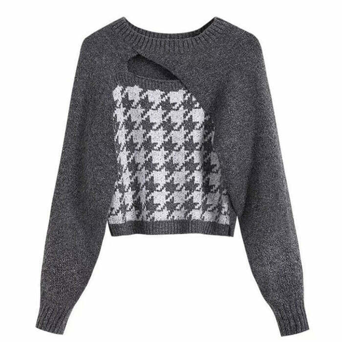 Trendy Dogtooth Check Sweater & Top Co-Ord Set - Y2K Kpop Style Fashion Outfit