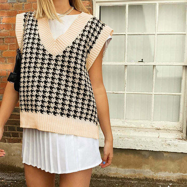 Trendy Dogtooth Check Vest for Y2K Fashion: Perfect for Jorts Outfits and Roblox Style