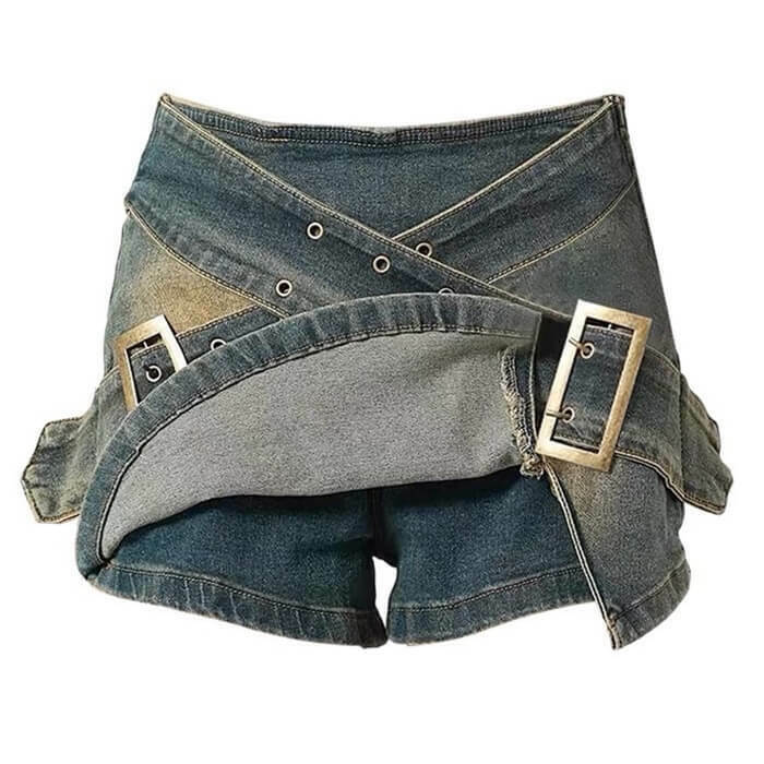 Trendy Double Buckle Denim Mini Skirt - Y2K Grunge Style & Kawaii A-Line Fashion