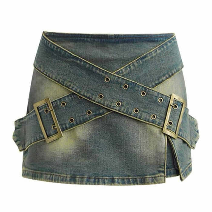 Trendy Double Buckle Denim Mini Skirt - Y2K Grunge Style & Kawaii A-Line Fashion